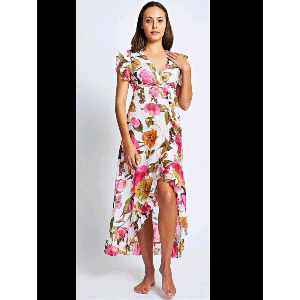 DEBBIE KATZ ROSA 100% COTTON BEACH MAXI WRAP DRESS COVER UP M Medium